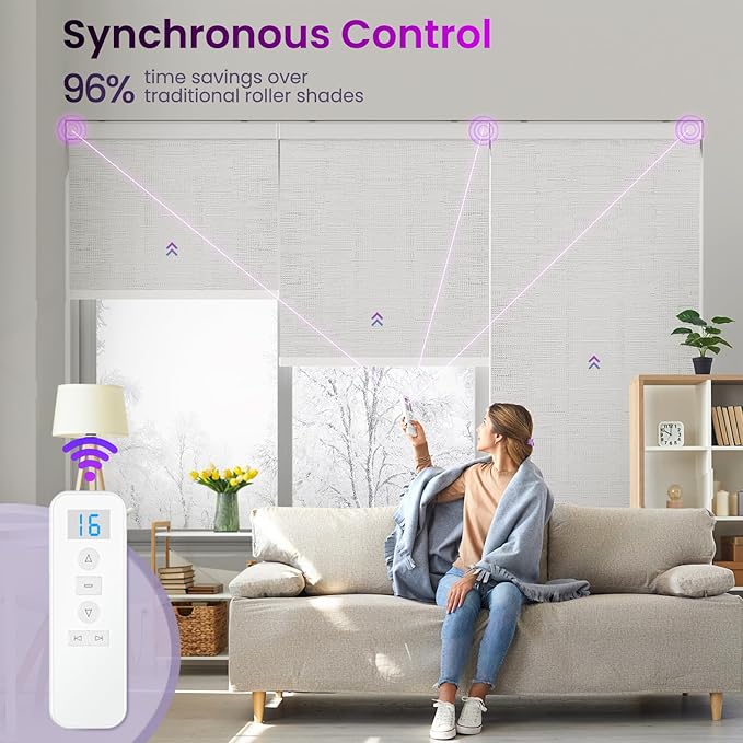 Astomi Motorized Roller Shades for Windows, Blackout Automatic Blinds with Remote, Smart Blinds, Voice Control, Compatible with Alexa, Google, Custom Size (Jacquard PureWhite)
