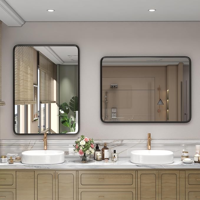 28x36 Black Bathroom Mirror for Wall, Matte Black Metal Framed Bathroom Vanity Mirror, Rounded Corner Mirror for Farmhouse, Anti-Rust, Shatterproof (Horizontal/Vertical)