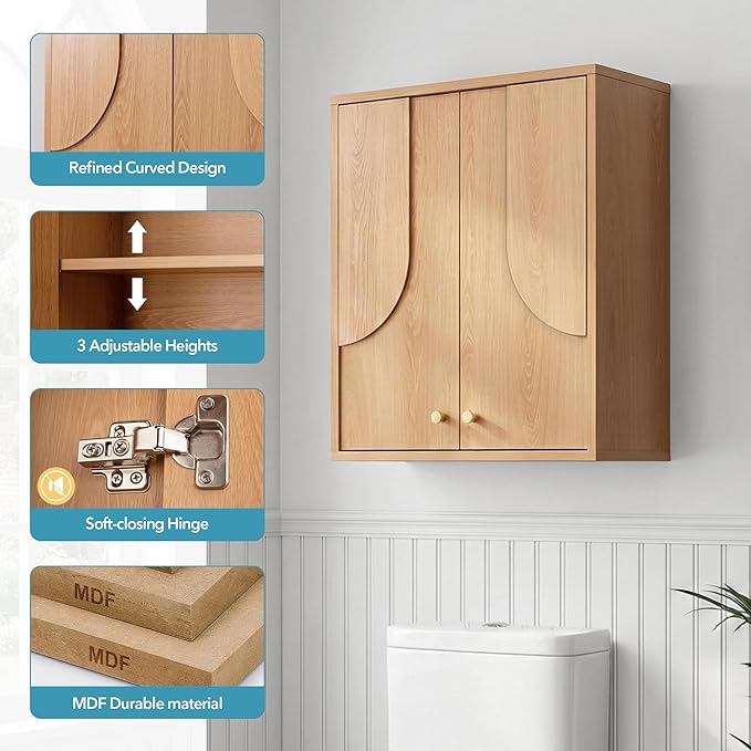 Arched Wood Medicine Cabinet for Bathroom-Mid Century Modern Wall Storage Cabinet-Wall Mounted Over The Toilet Organizer with Hanging Rail for Powder Room, Entryway