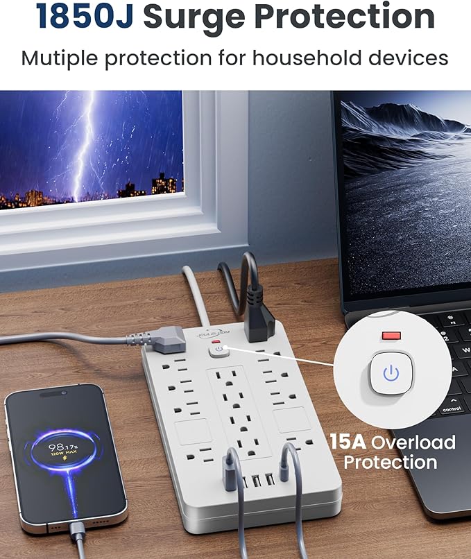 JouleLoom Surge Protector Power Strip-14 Outlets and 6 USB Ports, 6 Feet Flat Plug Extension Cord, 1850 Joules, White, ETL Listed for Home, Office, Dorm Room