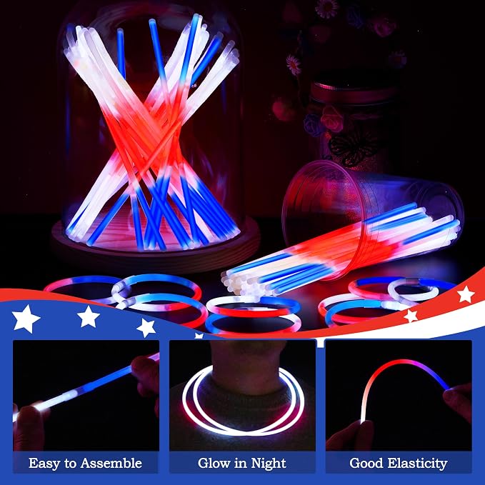 JOYIN 144 Pcs 4th of July Glow Sticks Bulk, Lightup Bracelet Necklace - Image 4