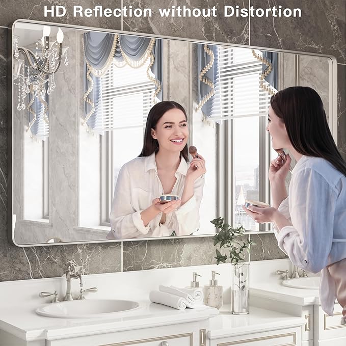 ISKM Brushed Silver Bathroom Mirror, 55 x 30 Inch Rounded Rectangle Silver Metal Frame Mirror for Wall Modern Vanity Mirror (Horizontal/Vertical)