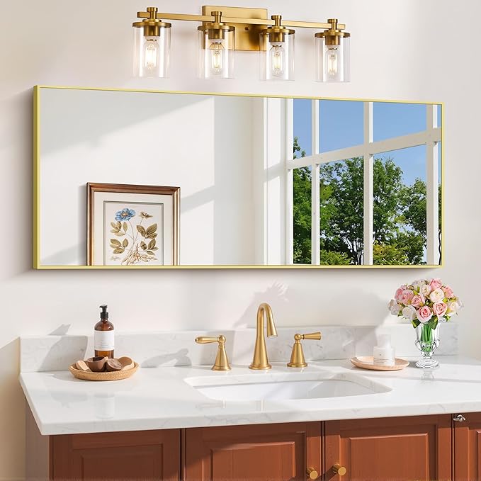 Gold Bathroom Mirror for Wall, 20x48 Inch Rectangle Mirror with Metal Frame, Modern Vanity Mirrors for Bathroom Living Room, Entryway Hangs Horizontal or Vertical