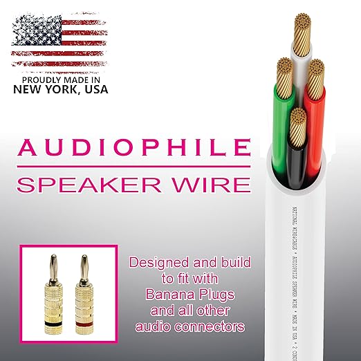 NATIONAL Wire&Cable - 14/4 Audiophile Speaker Wire (50 Feet) 14AWG Gauge - Made in USA - in Wall Audio Speaker Wire Cable/CL Rated/ETL Listed / 2 Conductors - OFC Oxygen-Free Copper, White 50ft