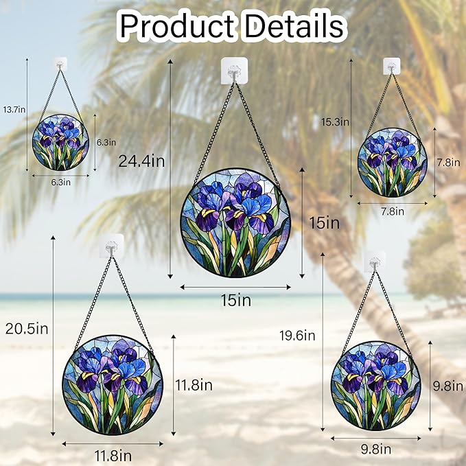 CRISGIF Stained Glass Window Hanging - Blue Purple Iris Flower Suncatcher for Door Garden Patio Sun Catchers Decor Christmas Mother's Day Birthday Gifts for Women Men Mom Nana Aunt Friend 9.8 in