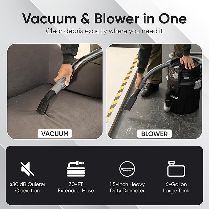 Dapper Supply 6 Gallon Wall Mount Wet/Dry Vacuum, 5.5 Peak HP, 30 Ft Hose, Vacuum & Blower, Includes Attachments for Garage, Car, Workshop & Jobsite