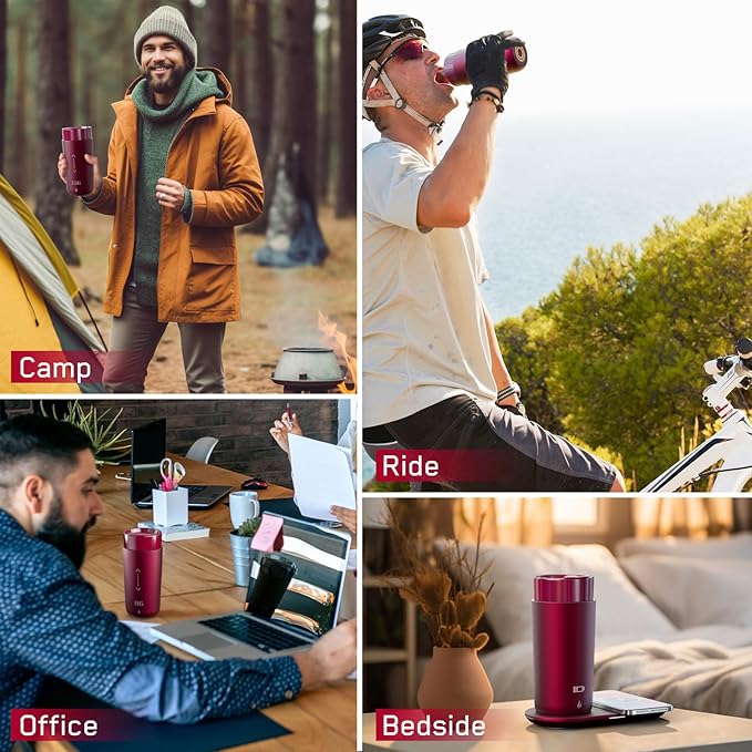 Temperature Control Heated Coffee Mug Smart Self Heating Travel Mug 12 Oz App Controlled Warmer Mug 4-10 Hour LED Display Keep Coffee Hot Fast Wireless Charger Base Rogue red