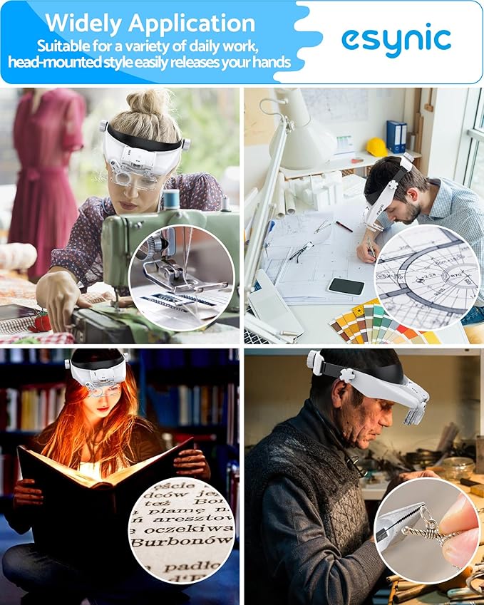 eSynic Head Magnifier with 2 LED Light-1.5X-13X Magnification with 5 Acylic Lens Set & Comfort Fit Design- 2 Level Brightness USB-C Rechargeable Headband, Hands-Free for Jewelry Repair/Reading/Crafts