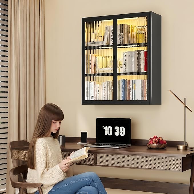 Bathroom Wall Cabinet Over Toilet, Metal Laundry Room Cabinets Wall Mounted, Metal Medicine Cabinets with Glass Doors, Hanging Wall Cabinets for Living Room, Black