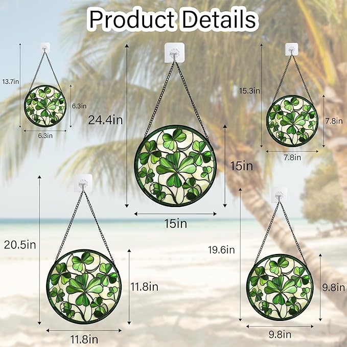 CRISGIF Stained Glass Window Hanging - Ireland Green Lucky Clover Suncatcher for Doors Garden St. Patrick's Day Sun Catchers Decor Mother's Day Birthday for Women Men Mom Nana 15 in