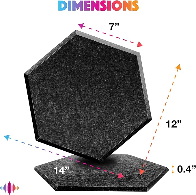 Sonic Acoustics 12 Pack Hexagon Acoustic Panels, 14" X 12" X 0.4" High Density Sound Absorbing Panels Sound Proof Insulation Beveled Edge Studio Treatment Tiles-Black