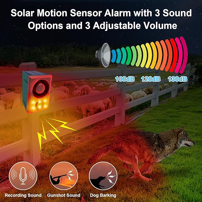 ChunHee Solar Outdoor Motion Sensor Alarm with Dog Barking Gunshot Sound, Support Recording and Adjustable Volume, 130db Loud Noise Maker 3 Work Modes Strobe Light for Home, Villa, Farm, Barn (2pack)