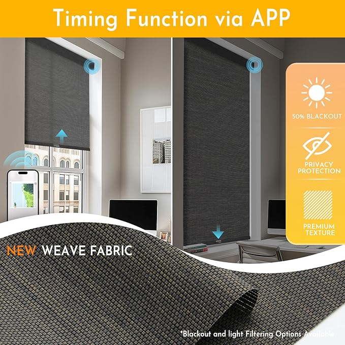 Persilux Smart Motorized Blinds with Remote, No Drill Automatic Roller Shades for Indoor Windows, Light Filtering Linen Fabric, Electric Blinds for Windows, Weave Blend Coal C162-8, Custom Size