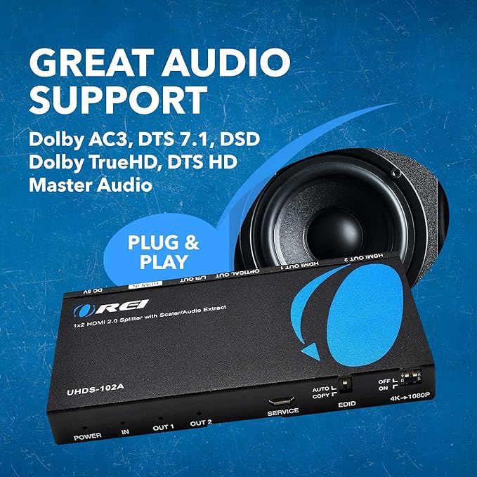 OREI 1x2 2.0 HDMI Splitter with Scaler Audio Extractor 2 Ports with Full Ultra HDCP 2.4K at 60Hz & 3D Supports EDID Control - UHDS-102A