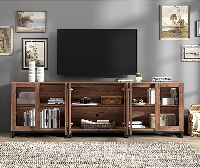 WAMPAT Modern TV Stand with Glass Doors for 110 inch TVs, Farmhouse Entertainment Center TV Console with Adjustable Shelves for Living Room, Bedroom, Brown