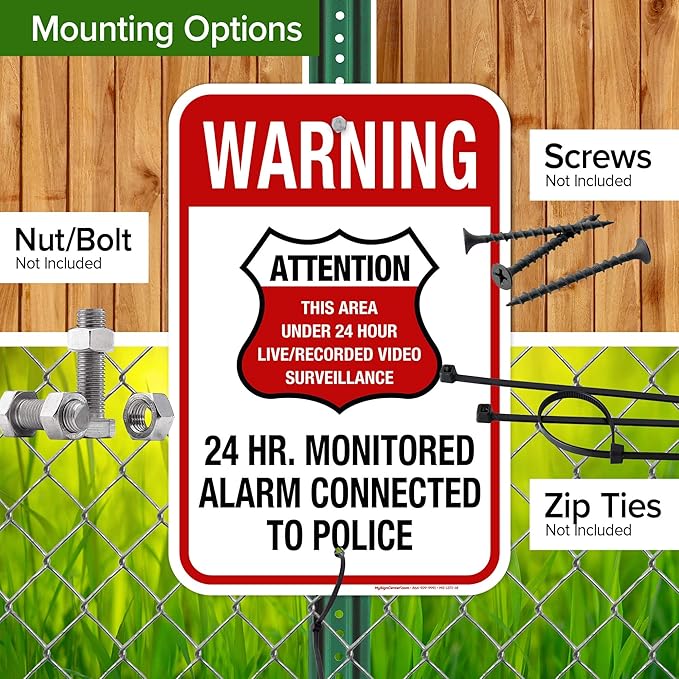 Warning 24 HR. Monitored Alarm Connected To Police Sign, 12x18 Inches, Rust Free .063 Aluminum, Fade Resistant, Made in USA by My Sign Center