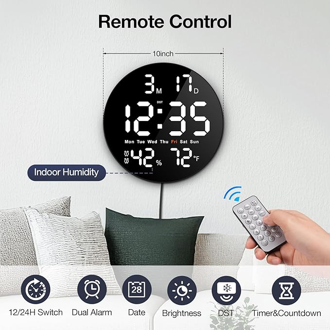 Brauthon Large Digital Clock for Classroom, Digital Classroom Clocks for Teachers, 10" Round LED Clock with Large Display，Date, Countdown Timer, Remote Control, Temperature, Electric (White)
