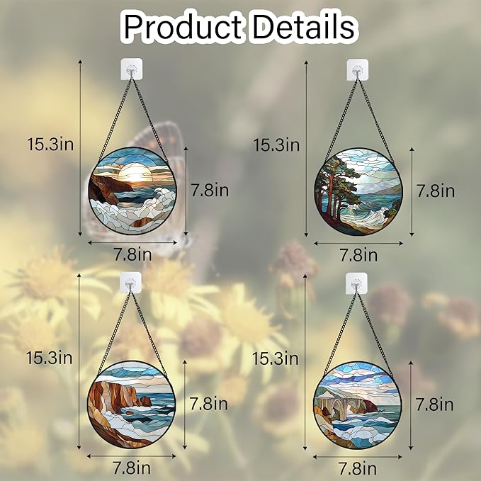 DASTOLL Stained Glass Window Hanging 4 Pcs Set Ocean Waves 7.8" - Blue and White Sea Suncatcher Door Garden Sun Catcher Decor Birthday Christmas for Mom Woman Nana Men