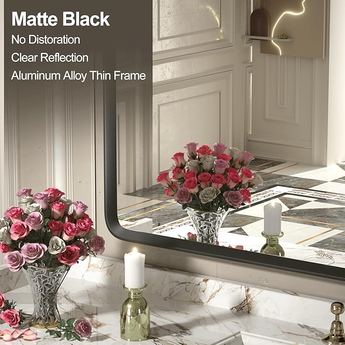 66x40 Inch Black Matte Framed Mirror for Bathroom, Rounded Rectangle Mirror, Bathroom Vanity Mirror for Wall, Anti-Rust, Shatterproof (Horizontal/Vertical)