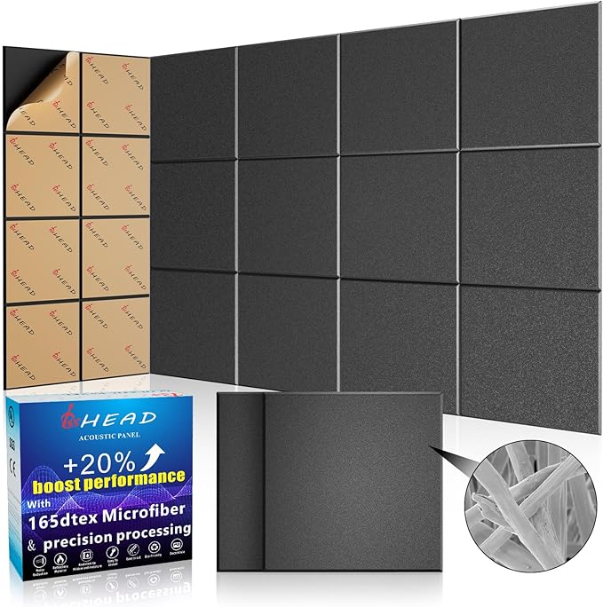 BSHEAD 15 pcs 165dtex Microfiber Acoustic Panels ，Self-Adhesive Soundproof Wall Panels, 12 x 12 x 0.4 in Sound Proof Foam Panels for Walls, High Density, Noise Dampening Panels for Home Studio（Black）