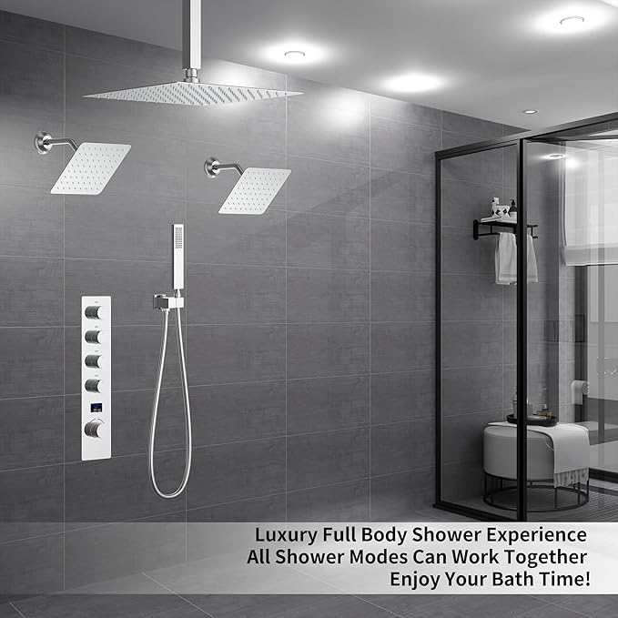 KATAIS Polished Chrome Shower System with 12 inch Ceiling Mounted Shower Head and Dual 8 inch Wall Mounted Shower Head, Digital Display Shower Faucet Set with Handheld Spray
