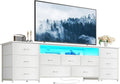 Huuger 70 Inch TV Stand for 75, 80 Inch TV, 11 Drawer Long Dresser with Power Outlets and LED Lights, Entertainment Center with Storage, White Dresser with PU Leather Surface, 1TS011W