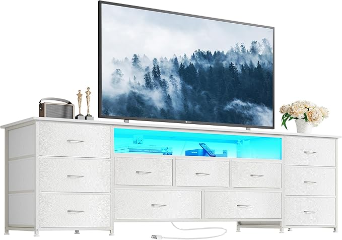 Huuger 70 Inch TV Stand for 75, 80 Inch TV, 11 Drawer Long Dresser with Power Outlets and LED Lights, Entertainment Center with Storage, White Dresser with PU Leather Surface, 1TS011W
