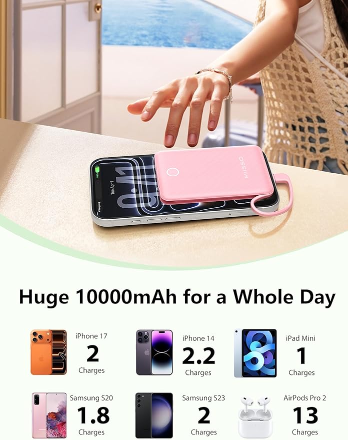 miisso 10000mAh Mini Portable Charger with Built in Cable, Pocket Size Power Bank Travel External Battery Pack for Phone, 3 Output USB Type C Cord Clutch Compatible with iPhone, Samsung, Pink