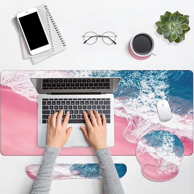 Britimes Blue Sea Keyboard Mouse Pad Set Pink Sand Beach 4in1 Large Mousepad+Keyboard Wrist Rest+Mouse Wrist Rest+Coaster Set with Ergonomic Design for Home Office Computer 35.4x15.7 inches