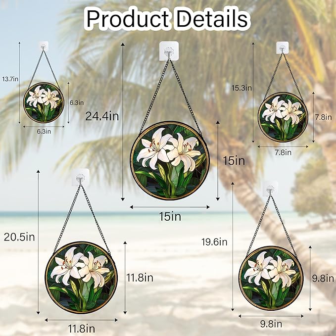 CRISGIF Stained Glass Window Hanging, White Lily Suncatcher for Door Garden Patio Birth Flower Green Plant Sun Catchers Decor Christmas Mother's Day Birthday Gifts for Women Mom Nana Friend 9.8 in