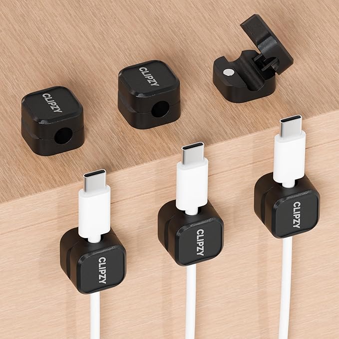 Clipzy 6 Pack Magnetic Cable Clips & Cord Holder, Under Desk Cable Management, Adhesive Wire Holder Keeper Organizer for Home Office Computer Desk Phone Car Wall Desktop Nightstand - Black