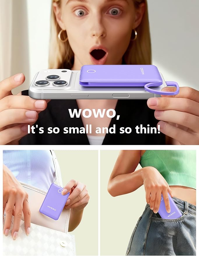 miisso 10000mAh Mini Portable Charger with Built in Cable, Pocket Size Power Bank Travel External Battery Pack for Phone, 3 Output USB Type C Cord Clutch Compatible with iPhone, Samsung, Purple