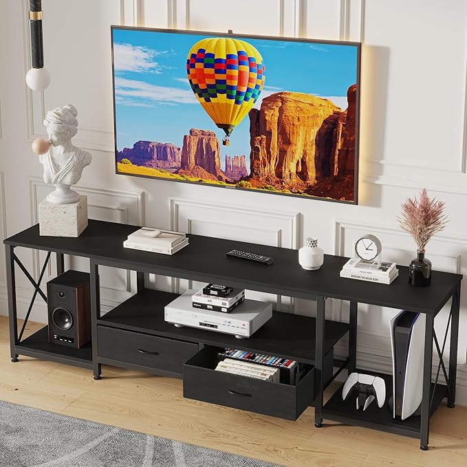 GYIIYUO TV Stand with Fabric Drawers for 55 60 65 Inches TV - Entertainment Center and Industrial TV Console Table with Open Storage Shelves for Living Room, Bedroom - 55.1" Black