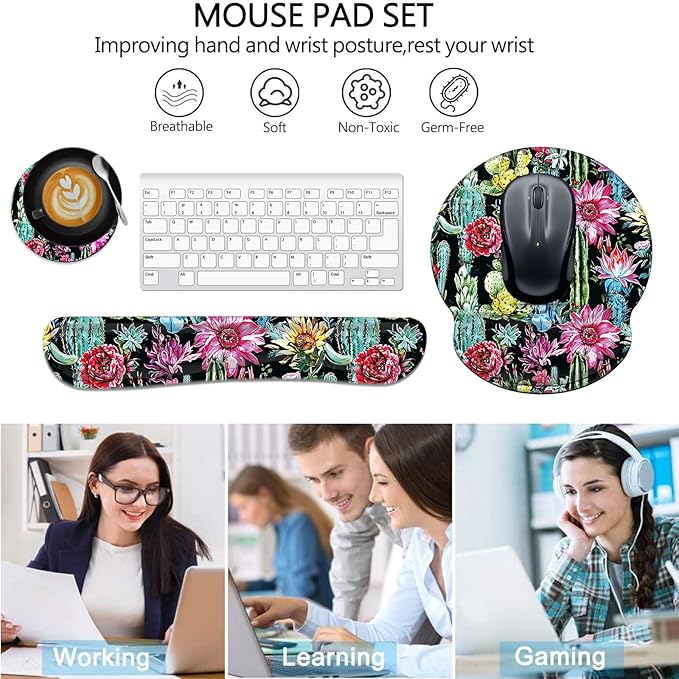 Keyboard Wrist Rest and Mouse Pad Wrist Support Set with Coasters,Non-Slip PU Base Ergonomic Gaming Mousepad for Home Office Working Studying Easy Typing & Pain Relief,Cactus