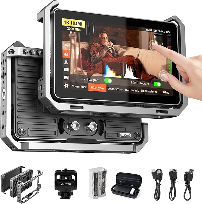 VILTROX DC-X3 2000 Nits SDI Camera Field Monitor Kit with Rig Cage, 4K HDMI 6" Touchscreen On Camera Video Monitor w Sunshade Hood/Battery, 3D Lut 1920X1080 HD Full Waveform Focus Peaking VectorScope