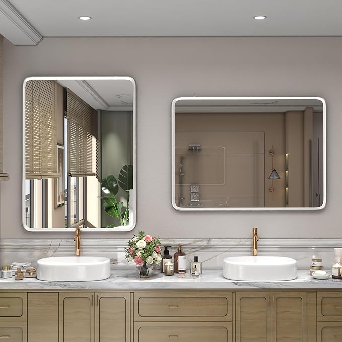 22x30 Inch Silver Bathroom Mirror, Silver Metal Frame Mirror, Rounded Rectangle Bathroom Vanity Mirror, Shatterproof, Anti-Rust (Horizontal/Vertical)
