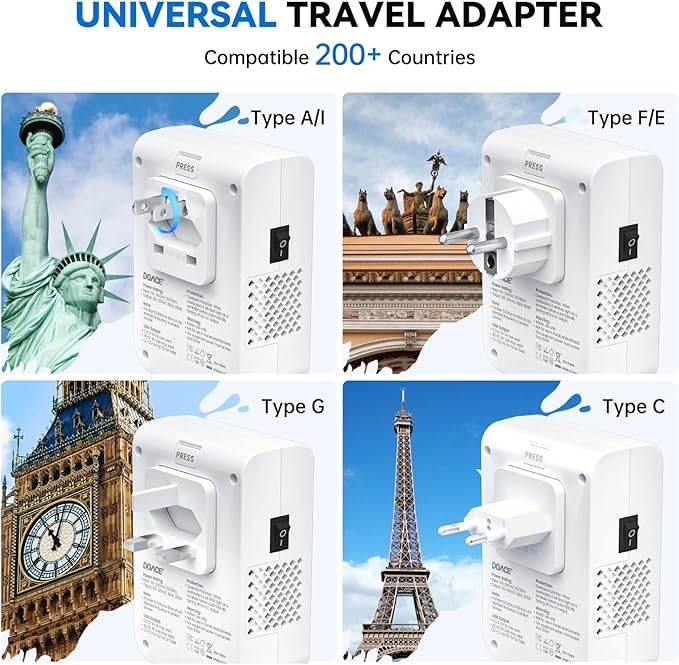 DOACE 220v to 110v converter 350W voltage converter us to europe for Hair Straightener/Curling Iron Converter for European Travel with 4-port USB Charging and UK/AU/US/EU Worldwide Plug Adapter, White