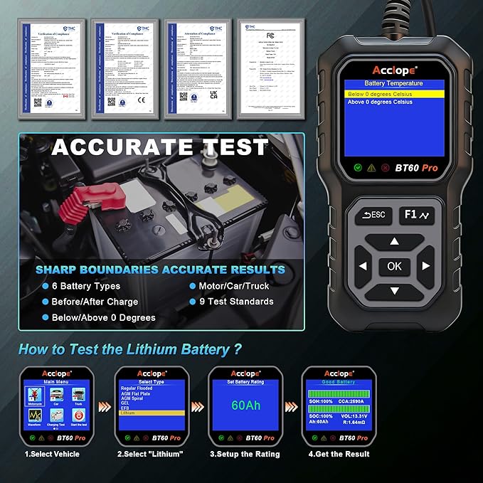 Acclope BT60 Pro Car Battery Tester, Digital Analyzer with Cloud Printing, 6V/12V/24V Battery Checker for AGM, Lithium, Gel Batteries, 100-3000 CCA Range, Automotive Charging System
