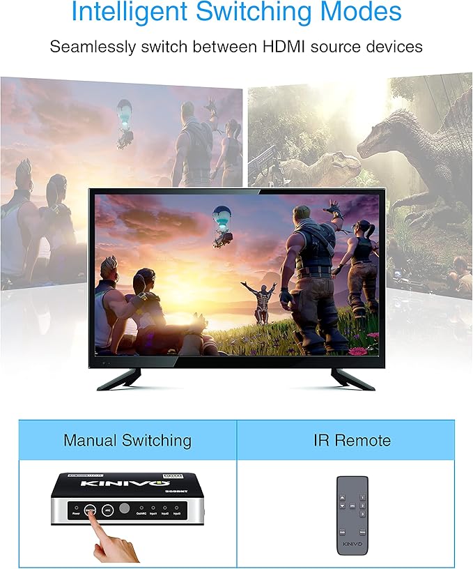 Kinivo HDMI Switch with Audio Extractor 360BNT (3 in one out, Toslink Optical Audio Port, SPDIF, 4K 60Hz, High Speed 18Gbps, IR Remote) - Compatible with Roku, PS5, Xbox, Apple TV, Dolby Digital/Atmos