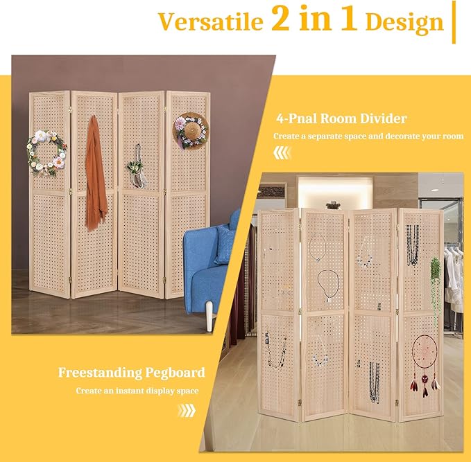 Bonnlo 4 Panel Pegboard Freestanding, 5 FT Portable Display Board Organizer for Craft Show Jewelry, Wooden Folding Privacy Screen Room Divider (Without Base, Natural)