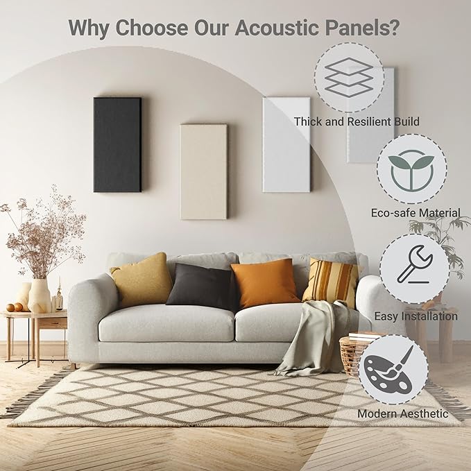 4 Pack High-Density Core with Fabric Cover Acoustic Panels – 24×12×2 In Self-Adhesive Soundproofing and Sound-Absorbing Wall Panels for Echo Reduction in Studio, Theater, or Recording (Linen White)