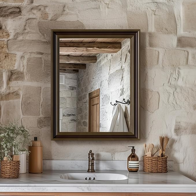 Retro Copper Effect Framed Wall Mirror, 16x20 Rectangle Mirror, Anti-desilvering Tempered Glass, Sustainable&Sturdy Frame, Anti-Rust, HD Reflection &3min Fast Setup for Bathroom Living Room