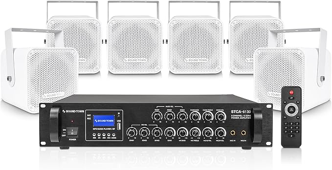 Sound Town Commercial Sound System Set with 3-Zone Low-Impedance Bluetooth Amplifier, 6 x 5 Coaxial Wall-Mount Speakers for Indoor Installation, White (STCA6130X6CM5W)