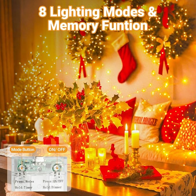 litogo 2 Pack Fairy Lights Battery Operated with Timer, 33FT 100LED Twinkle String Lights USB-C Powered 8 Modes Dimmable for Indoor Bedroom Centerpiece Wedding Classroom Dorm Christmas Decorations