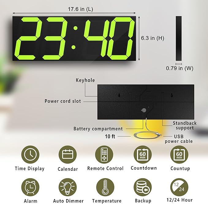 CHKOSDA LED Large Digital Wall Clock, Oversize Digital Clock with 6” Numbers, Remote Control Count up/Countdown Timer Clock, Auto Dimmer, Big Calendar and Thermometer（Yellow