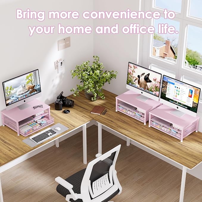 OPNICE Computer Monitor Stand Riser, Desk Organizer with Drawer, Laptop Stand, Office Desk Accessories & Workspace Desktop Organizers Storage for Office Supplies(Pink)