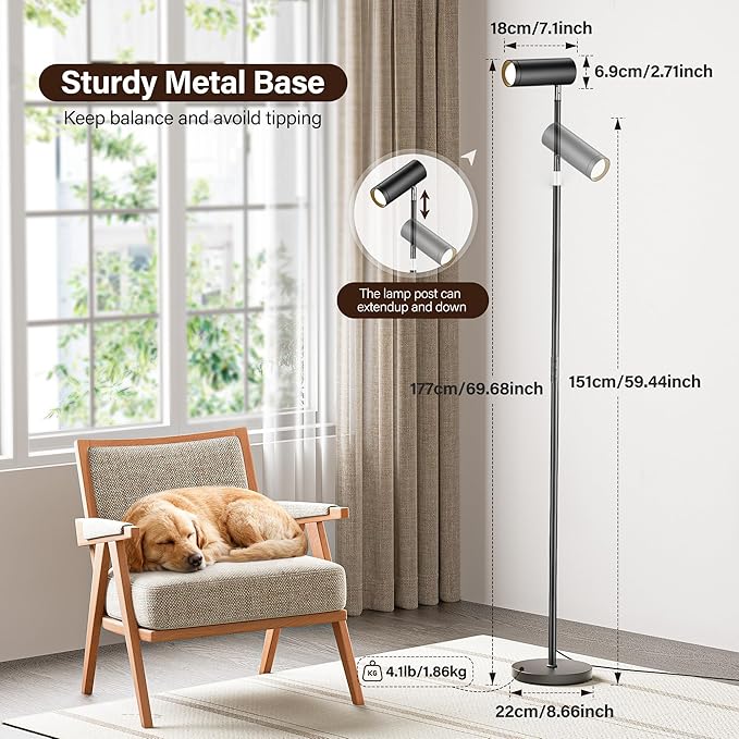 SIBRILLE Spotlight Floor Lamp, Tall LED Standing Lamp with Remote/Touch Control, 2700K-6500K, 350°Rotating Head Standing Lamp, Reading Floor Lamp for Living Room, Bedroom, Office & Wall Art, Black
