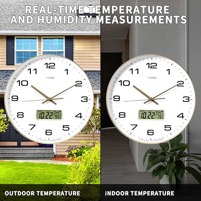 TIMESS Wall Clock, 14" Large Dial Non-Ticking Silent Battery Operated Analog with LCD Display for Perpetual Calendar and F° Temperature, Ideal Modern Home, Bedroom, Office Decor (Gold)