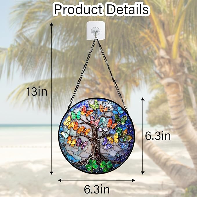 DASTOLL Stained Glass Window Hanging, Butterfly Tree Clover Sun Catchers Glass Panel Blue Suncatcher Decor for Birthday for Women, Men, Wife, Aunt, and Mom 6.3 in