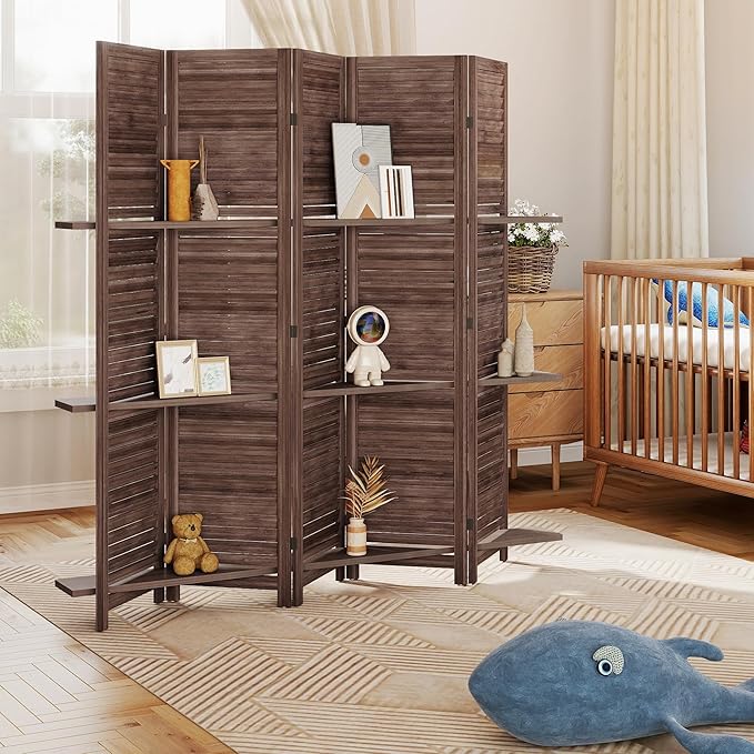 HOMCOM Room Divider, 5 Panel 67" Tall Wood Privacy Screen with 3 Display Shelves, and Folding Storage for Bedroom or Home Office, Walnut